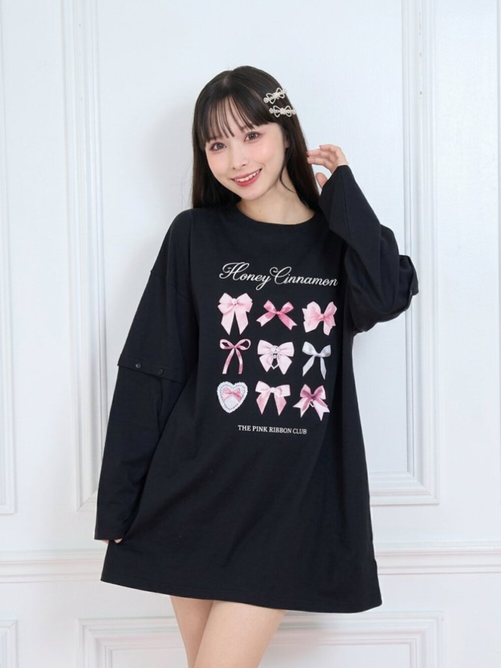 HONEY CINNAMON Pink Ribbon Sleeve Jirai Kei landmine style cutsew T-Shirt